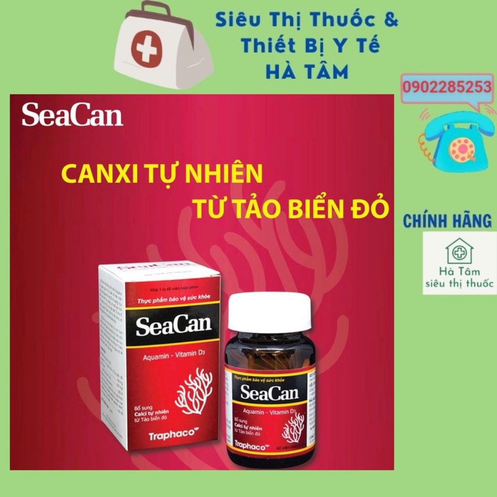 Seacan - Canxi tự nhiên từ Tảo Biển Đỏ, Seacan Bổ sung canxi hữu cơ và Vitamin D3 Magie của Traphaco, lọ 60 viên
