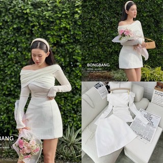 Sét chân váy chữ A áo bẹt vai chéo ngực tay dài hai màu