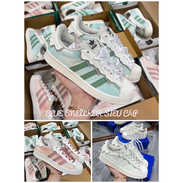 Giày thể thao nữ mẫu mới 2022 Adidas Superstar hồng, adidas sò xanh, das sò trắng 3 sọc dành cho nữ full box bill