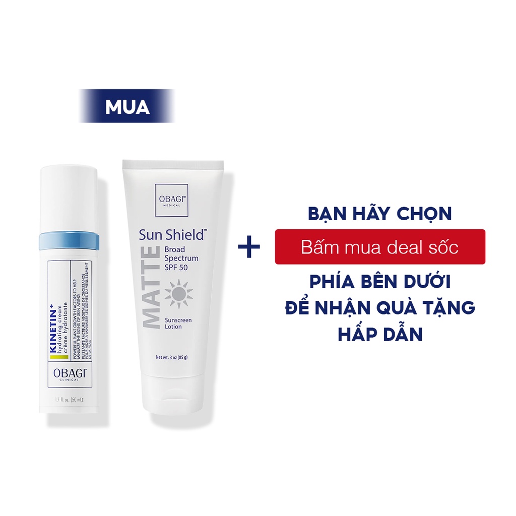 Bộ đôi phục hồi, bảo vệ da Obagi Clinical Kinetin 50ml + Kem chống nắng Kem chống nắng Matte Broad Spectrum SPF 50 85gr