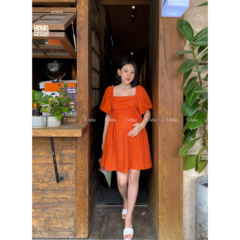 T-Mie | Đầm Bầu Thiết Kế Linen Tay Phồng Cao Cấp Form Suôn Siêu Sang Chảnh Công Sở Đi Tiệc Đẹp