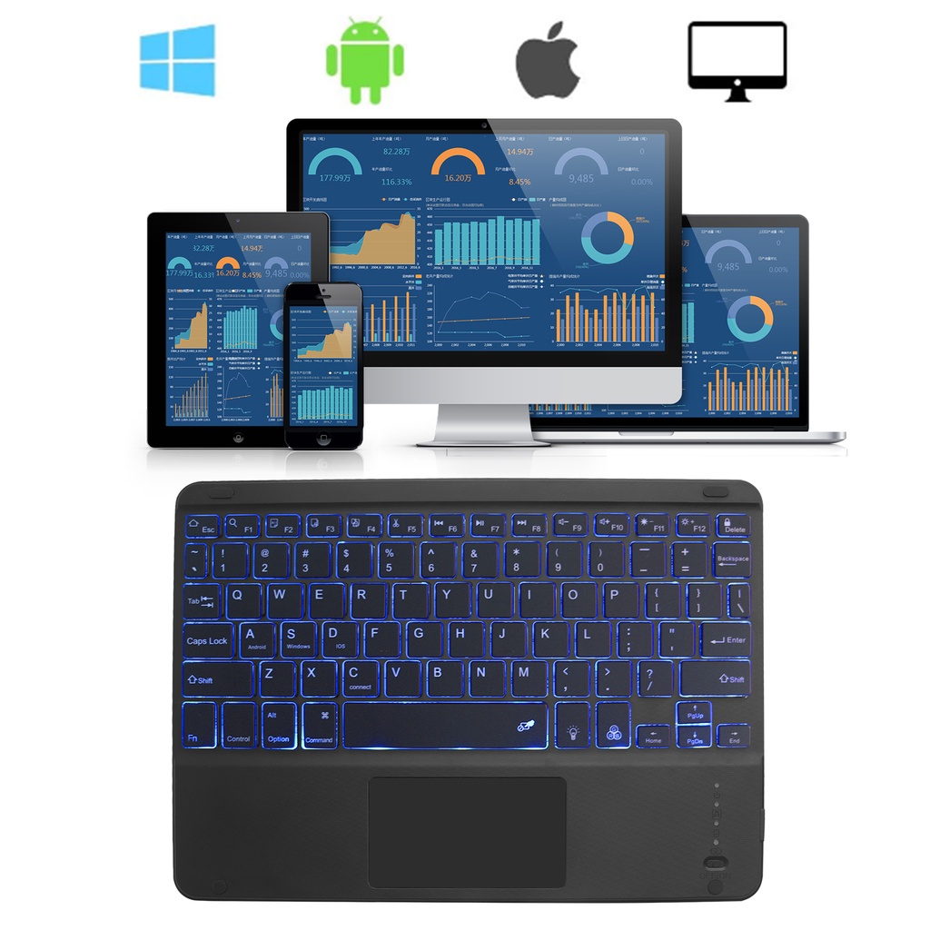 Bàn Phím bluetooth Không Dây 10 inch Siêu Mỏng Có Đèn Nền 7 Màu Có Thể Sạc Lại Cho ipad android windows