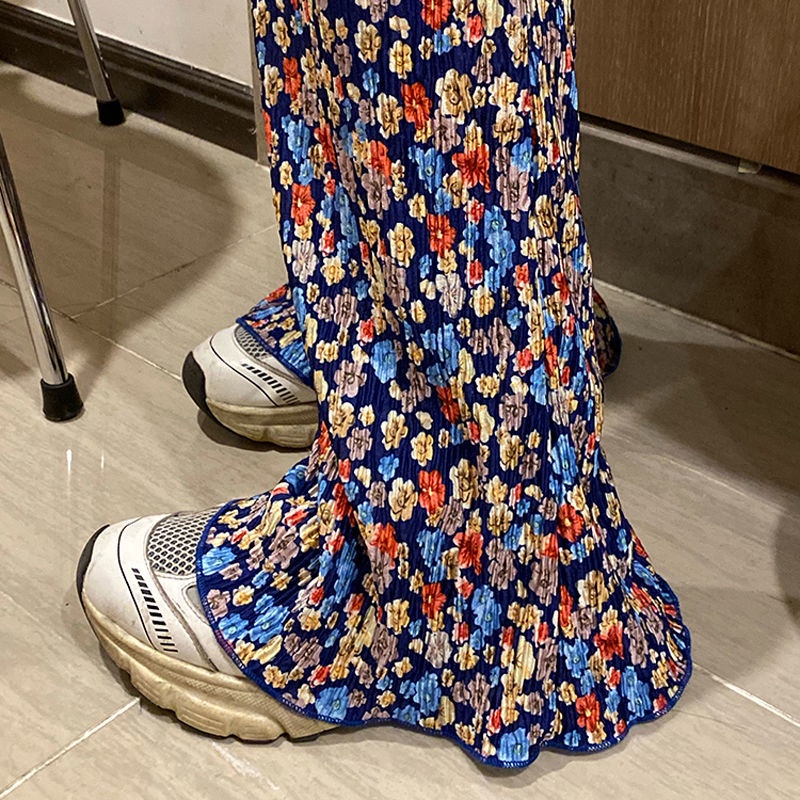 Jiashucheng Quần Dài Ống Rộng Lưng Cao Xếp Ly Vải Lụa Lạnh Chống Nắng In Họa Tiết Hoa Phong Cách Retro Thời Trang Cho Nữ