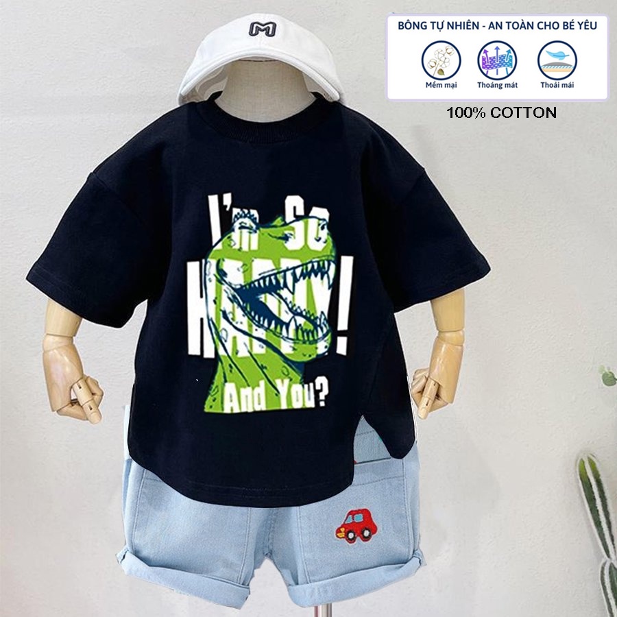 Sét Bộ Quần Áo Cho Bé Trai KEYER KIDS, Áo Thun Cotton Phong Cách Sẽ Tà Họa Tiết Phối Quần Short Jean SZ46