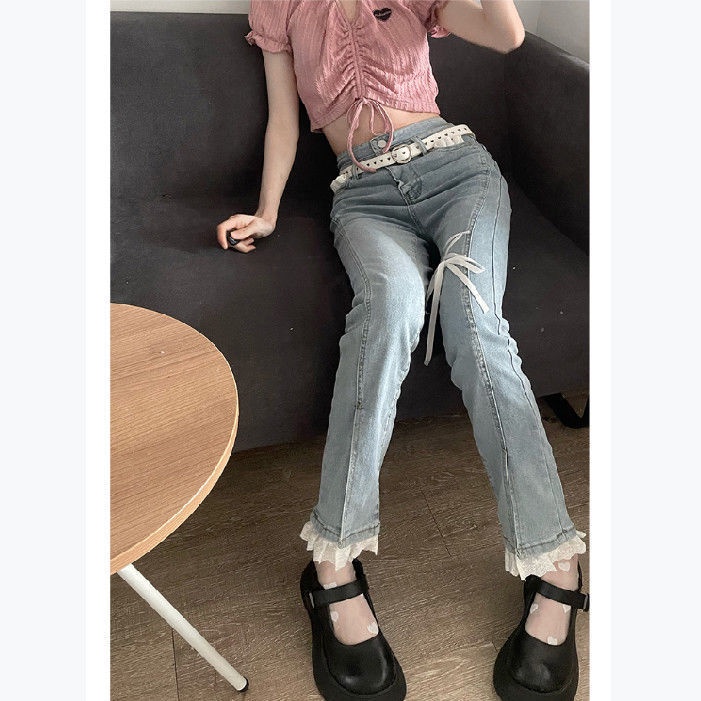 Jiashucheng Quần Jean Ống Rộng Xẻ Tà Phối Ren Phong Cách Hàn Quốc Ngọt Ngào Thời Trang Mùa Thu Mới Cho Phụ Nữ Tuổi Trung Niên