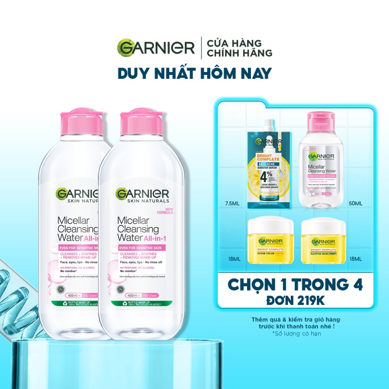 Bộ đôi nước làm sạch và tẩy trang cho da nhạy cảm Garnier Micellar Water 400ml