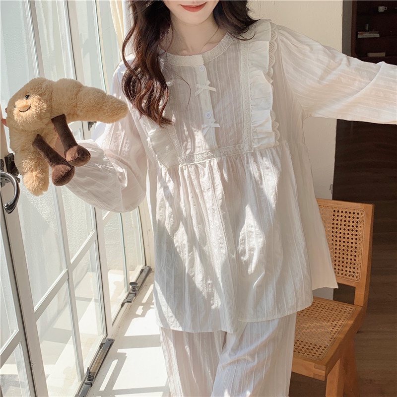 BN22_ Bộ ngủ pijama màu trắng dài tay cotton cổ bèo phối ren phong cách công chúa Hàn Quốc