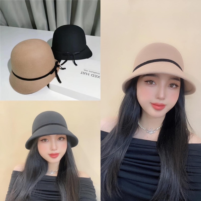 Mũ dạ vành nhỏ thắt dây nơ mai phương bùi