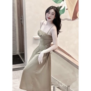 Đầm midi 2 dây xếp ngực đan dây eo