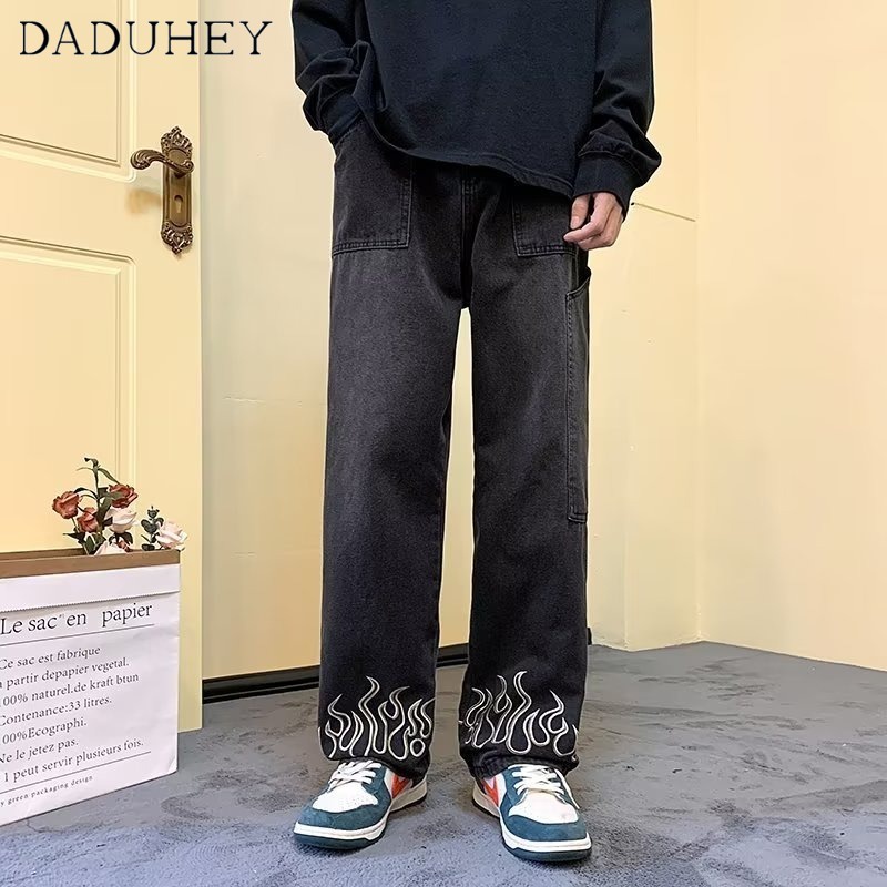 DaDuHey Men's American High Street Oversize Casual Pants Ins Fashion Brand Autumn Loose Straight Jeans