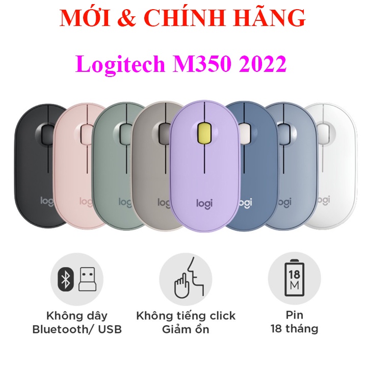 Chuột Logitech Pebble M350 2022 Kết nối Bluetooth hoặc đầu thu 2.4 GHz, Yên tĩnh, M240 M331