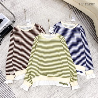 Áo phông kẻ pha vạt, Form rộng phong cách Hàn Quốc. Meoow Closet
