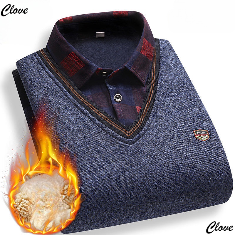Áo Sweater Dệt Kim Tay Dài Lót Lông Cừu Giữ Ấm Thời Trang Xuân Thu Cho Nam Trung Niên