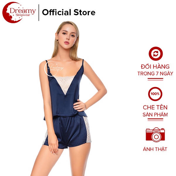 Đồ bộ nữ quần short áo 2 dây phối ren ngực cách điệu DREAMY DN05 (xanh đen)