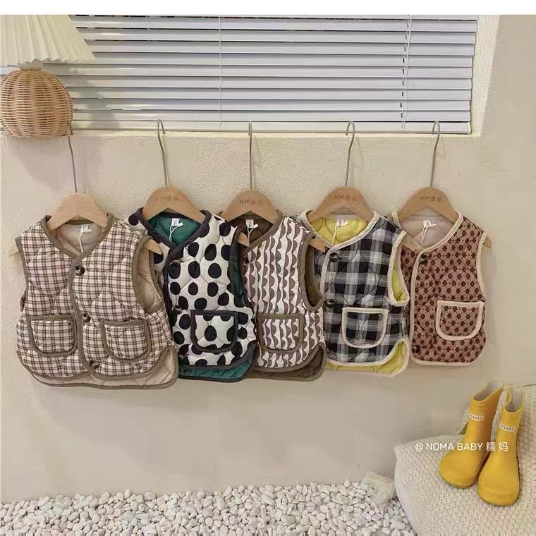 Áo Khoác Ghi Lê Không Tay Chất Liệu Cotton Dày Dặn Họa Tiết Sọc Caro Phong Cách Hàn Quốc Thời Trang Thu Đông Mới Cho Bé Trai Và Gái