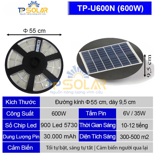 Đèn Sân Vườn Năng Lượng Mặt Trời  UFO TP Solar TP-U600N Công Suất Lớn,Chiếu Sáng 360 Độ Chống Nước IP65