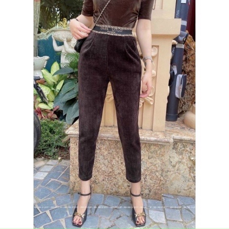 Quần Nhung Tăm Nữ Cạp Chun Baggy, Quần Bom Nữ Lưng Chun Vải Nhung Mịn Siêu Ấm
