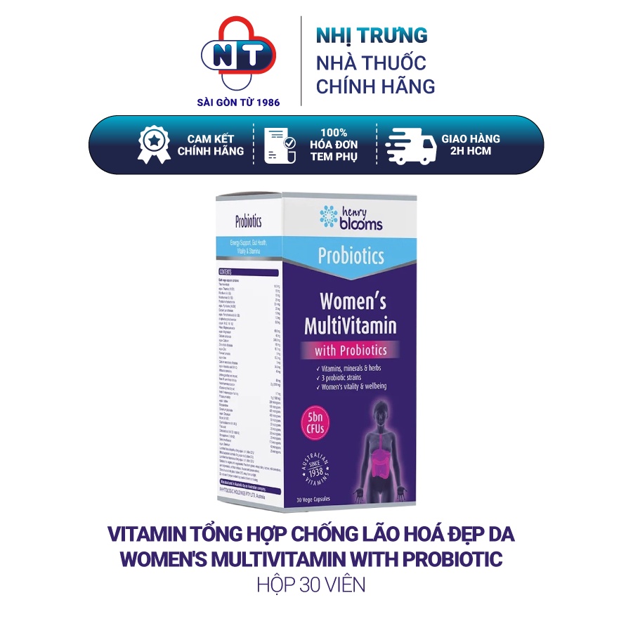 Vitamin tổng hợp chống lão hoá đẹp da Henry Blooms Women's Multivitamin with Probiotics hộp 30 viên