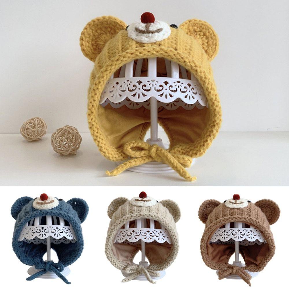 Mũ Len Dệt Kim Chất Liệu Cotton Dày Dặn Hoạ Tiết Gấu Hoạt Hình Xinh Xắn Cho Bé