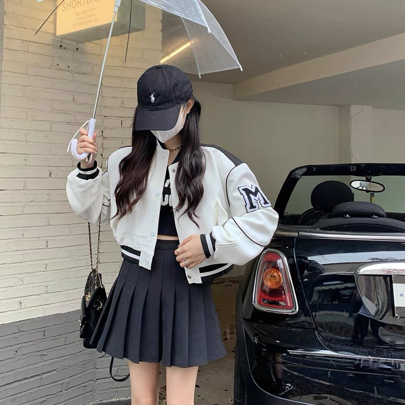 Áo bomber nữ dáng ngắn croptop phối tay da shop Đậu Xinh - B303