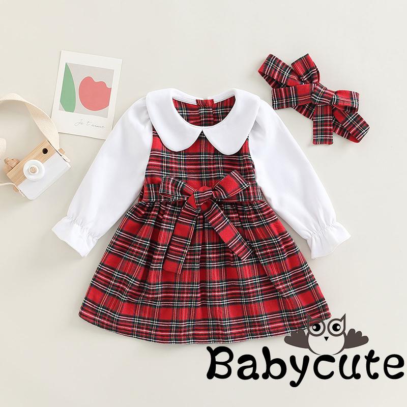 Đầm Tay Dài Cổ Búp Bê Chắp Vá Eo Phối Dây Nịt Và Băng Đô Thời Trang Cho Bé Gái