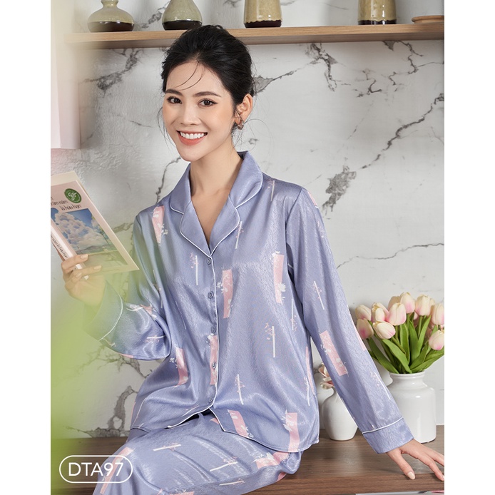 Bộ ngủ satin ZAM Luxury - DTA97 - áo dài tay quần dài hoạ tiết