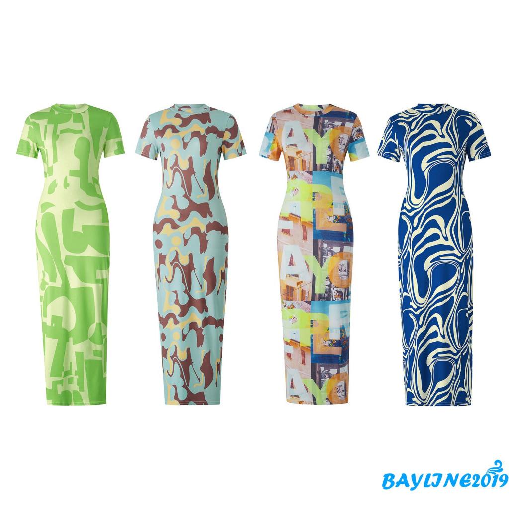Đầm Tay Ngắn Cổ Tròn Dáng Ôm In Họa Tiết Thời Trang Mùa Hè Xinh Xắn Cho Nữ