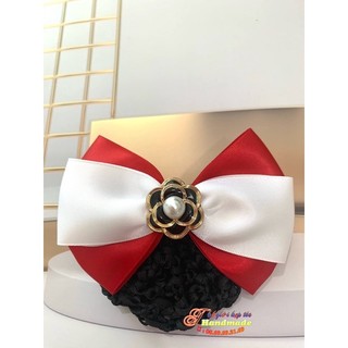 Kẹp tóc handmade đỏ trắng đính hoa đen