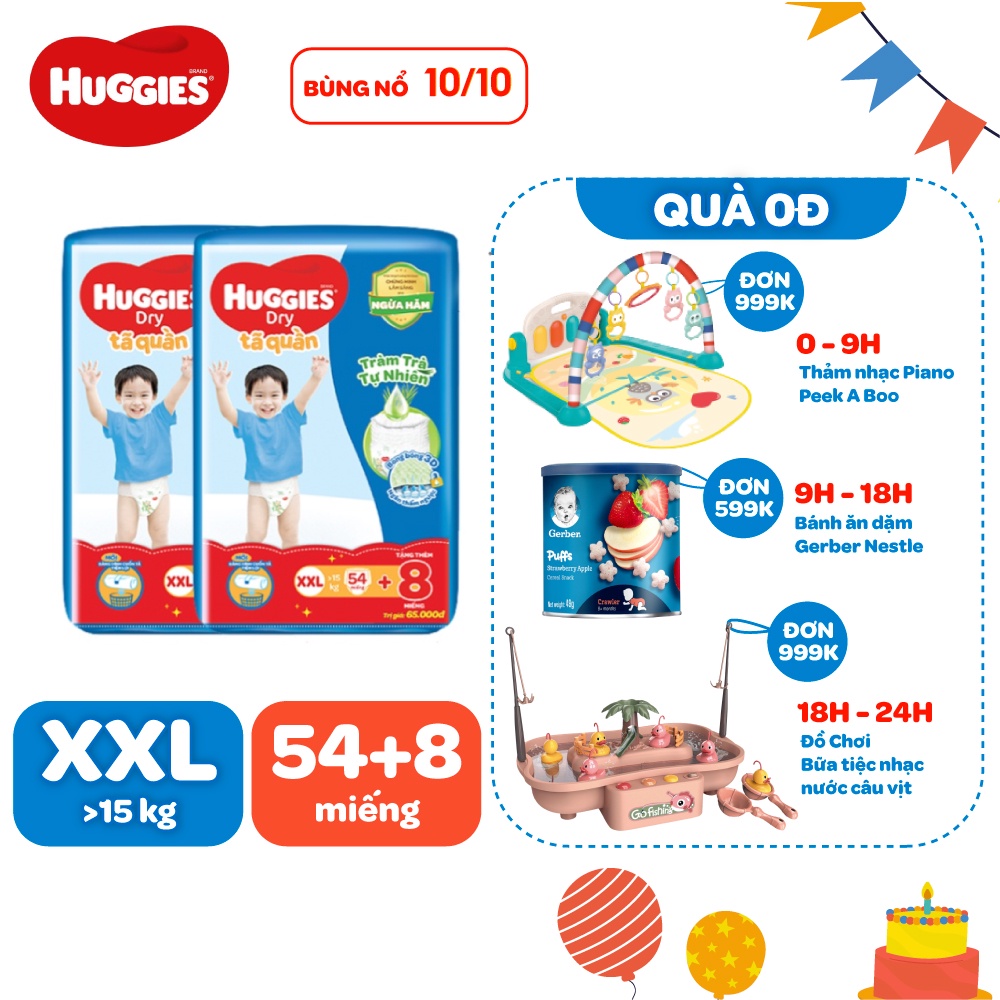 Combo 2 Tã Quần Huggies Tràm Trà Tự Nhiên Dry XXL54 + Tặng 8 miếng