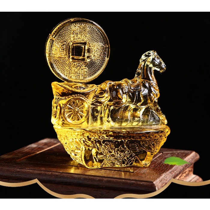Tượng Ngựa kéo Thỏi Vàng và Đồng Xu (VN9) bằng pha lê, phong thủy cầu tài lộc và may mắn