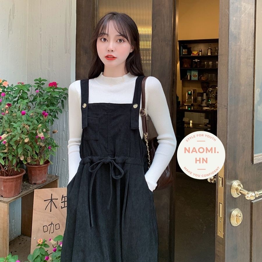 Váy yếm 2 dây bản to form rộng NHUNG TĂM BUỘC EO dáng xòe, váy yếm gân tăm nữ dáng dài rộng nhung tăm babydoll