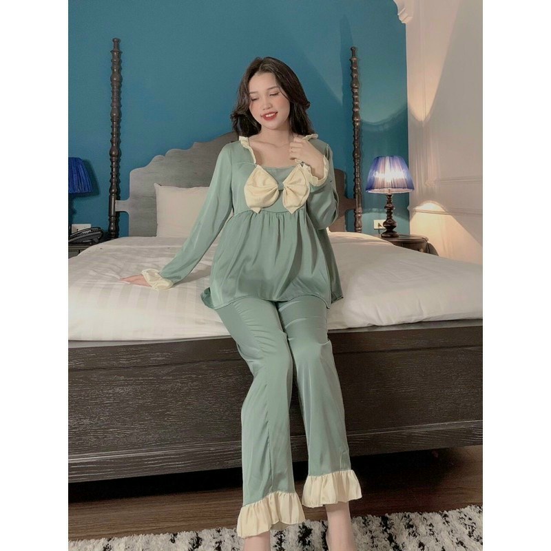 Bộ lụa kate nơ ngực tay dài quần dài