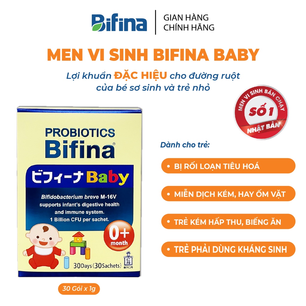 Men vi sinh cho bé Bifina Baby Nhật Bản, Hộp 30 gói - Chuyên biệt cho trẻ táo bón, tiêu hóa kém và tăng sức đề kháng