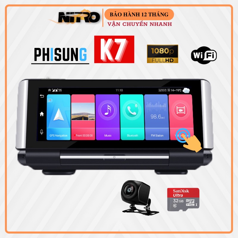 Camera hành trình ô tô Phisung K7 đặt taplo, có wifi kết nối điện thoại hỗ trợ lùi xe màn hình cảm ứng full HD 4G | BigBuy360 - bigbuy360.vn