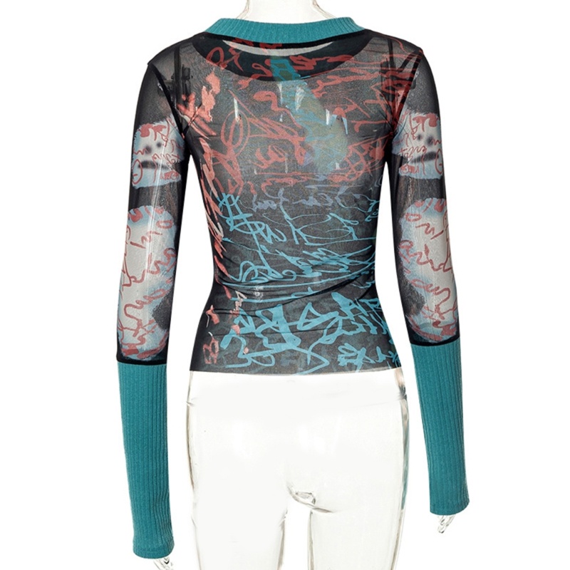 Xiangbao Áo Crop Top Dệt Kim Tay Dài Phối Lưới In Khối Màu Tương Phản Harajuku Gợi Cảm Cho Nữ Rave