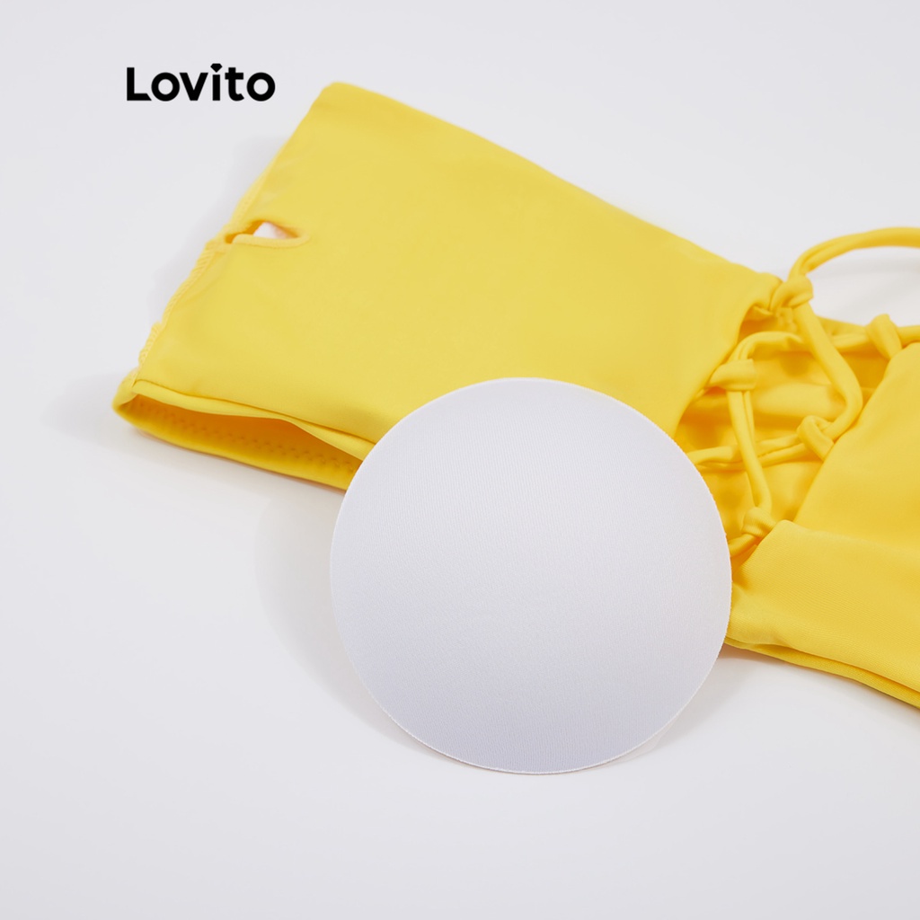 Set bikini LOVITO dây rút dạng cột hở lưng viền xếp ly họa tiết kiểu nhiệt đới phong cách boho L18X378 (Màu vàng)