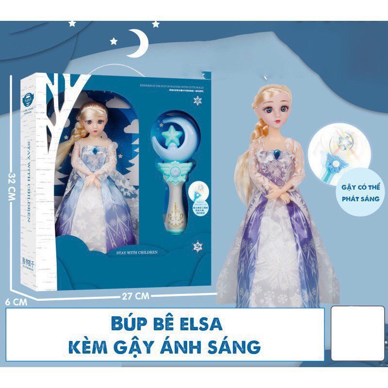 Búp bê Elsa 5D Nữ Hoàng Băng Giá  Kèm Gậy Phát Sáng Hàng Đẹp Cỡ To Tóc Mây Tết Tóc