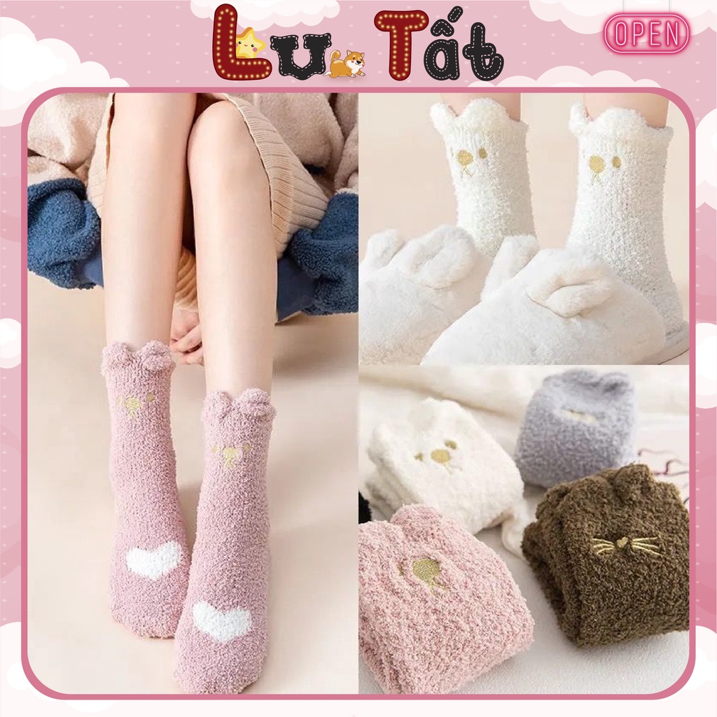 Tất Vớ Cổ Cao Nữ Chất Len Bông Lông Cừu Mềm Mại Hình Tai mèo Giữ Âm Bàn chân - Mã D2R25