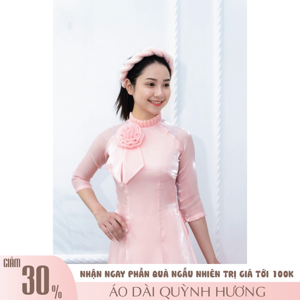 Áo dài voan hồng hoa cổ cách điệu siêu đẹp (form nhỏ, khách tăng 1 size, chat với shop trước khi đặt hàng)