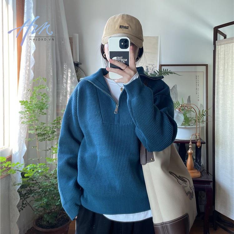 Áo Sweater Cổ Cao Dáng Rộng Phối Khóa Kéo Đơn Giản Theo Phong Cách Thu Đông Hàn Quốc Dành Cho Nữ