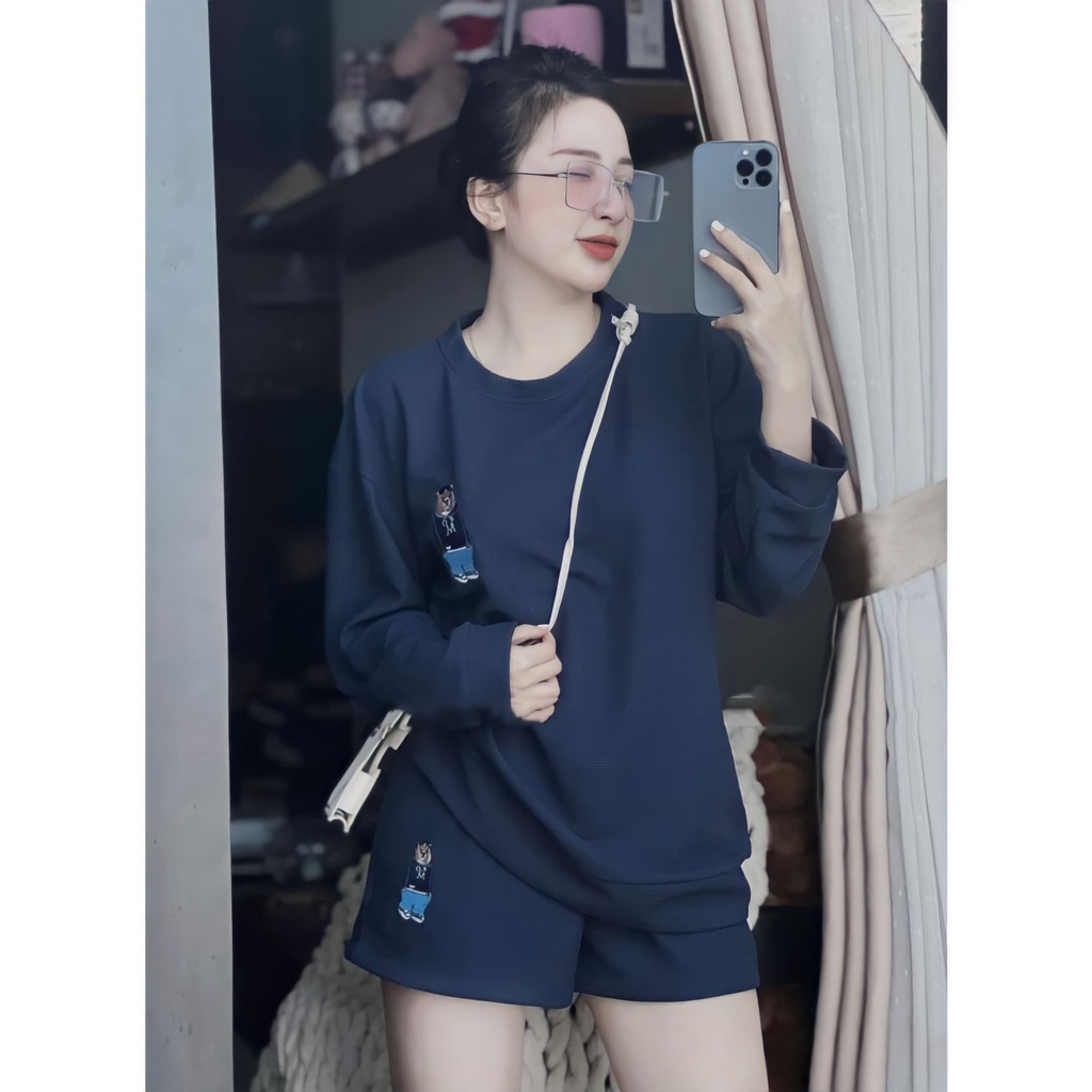 Bộ Áo Thun Quần Short Nữ Thêu Gấu Dáng Rộng 🦋 Set Áo Dài Tay Quần Đùi Vải Tổ Ong 2 Màu 🦋