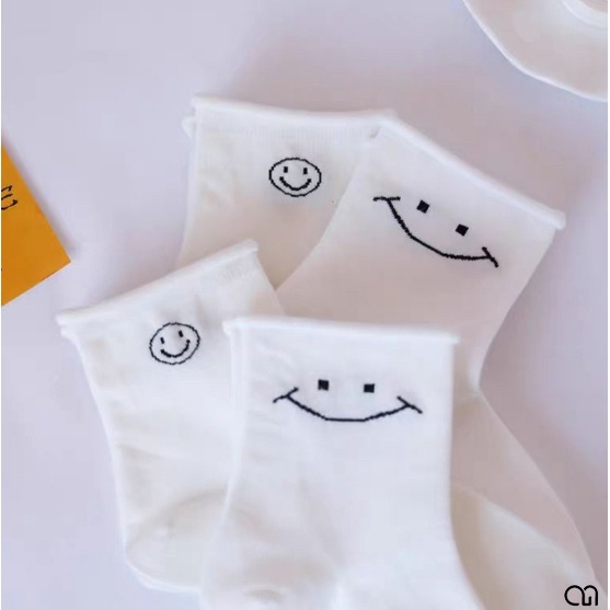 Vớ Cổ Trung Nữ Tone Màu Trắng Họa Tiết Gấu Mặt Cười Thời Trang Đẹp Vải Cotton 2AM