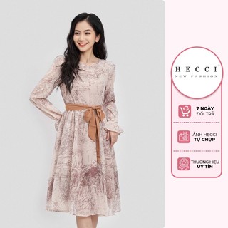 Đầm nữ công sở, đầm xoè dài tay HECCI phối thắt eo vải voan lụa hàn DM-V130
