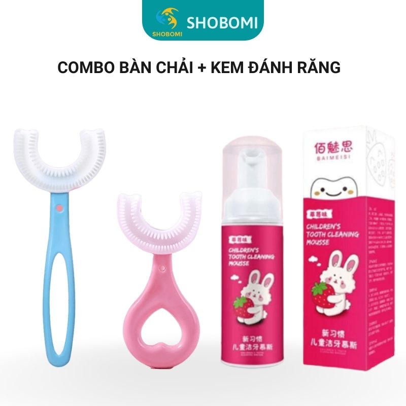 Bàn chải đánh răng trẻ em chữ U +kem đánh răng cho bé 2-3-6-12 tuổi 360 độ silicon siêu mềm SHOPBOMIT BC+KDR01