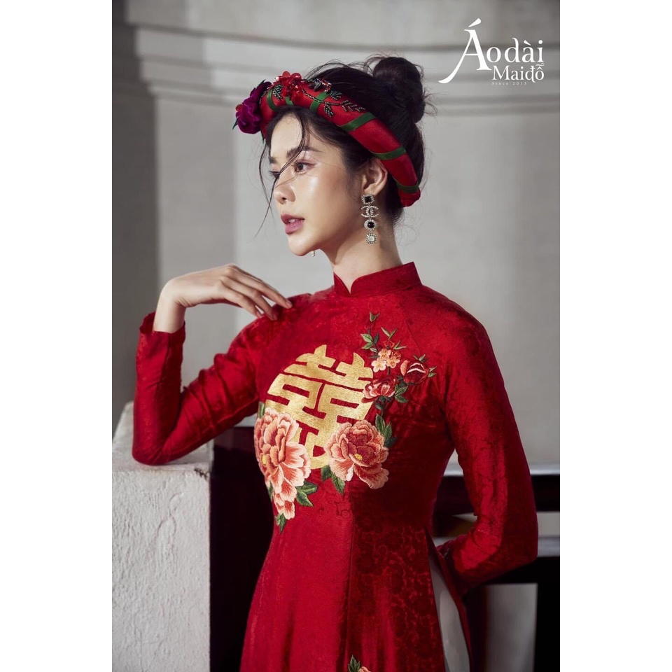 ÁO DÀI CÔ DÂU THÊU TAY CAO CẤP