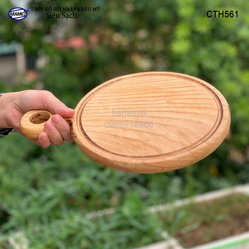 Thớt Khay gỗ sồi Mỹ (OAK) hình tròn tay cầm, có rãnh bao quanh - pizza/Decor- CTH561