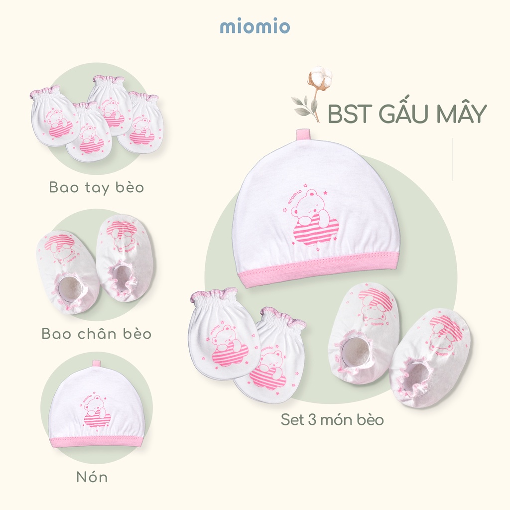 Bao Tay Bèo, Chân Bèo, Nón, Set 3 Món Phụ Kiện Bèo MIOMIO, Họa Tiết: Xe Nôi, Teddy, Gấu Mây Cho Bé Sơ Sinh