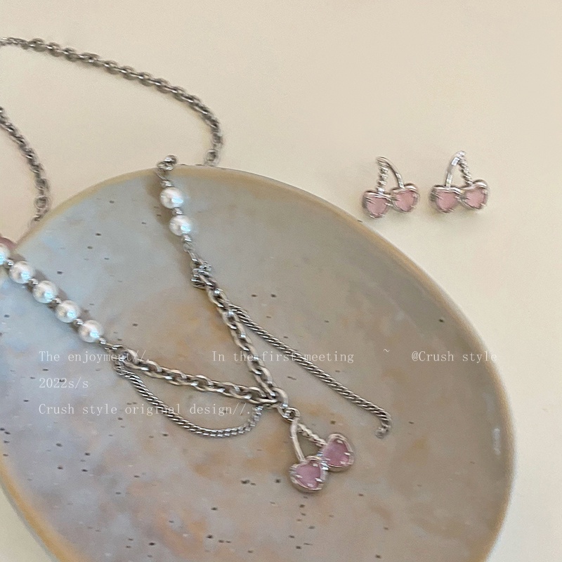 Vòng cổ / Đôi Khuyên Tai Đính Hạt Ngọc Trai Hình Trái Cherry Thời Trang Cho Nữ