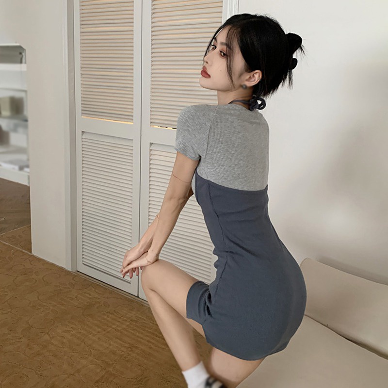 Đầm Tay Ngắn Cổ Tròn Màu Sắc Tương Phản Thời Trang Quyến Rũ Cho Nữ