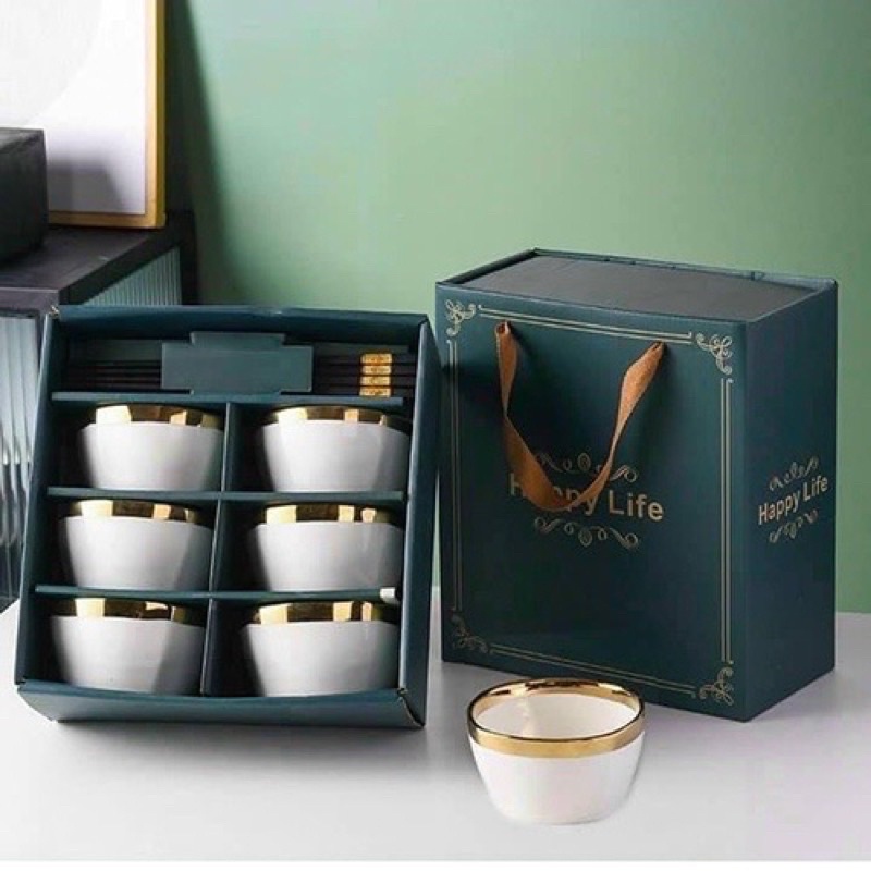 Bộ Bát HAPPY LIFE Bát ăn cơm Chén ăn cơm sứ Bộ bát quà tặng gốm sứ viền vàng cao cấp hộp đẹp tặng kèm 6 đôi đũa